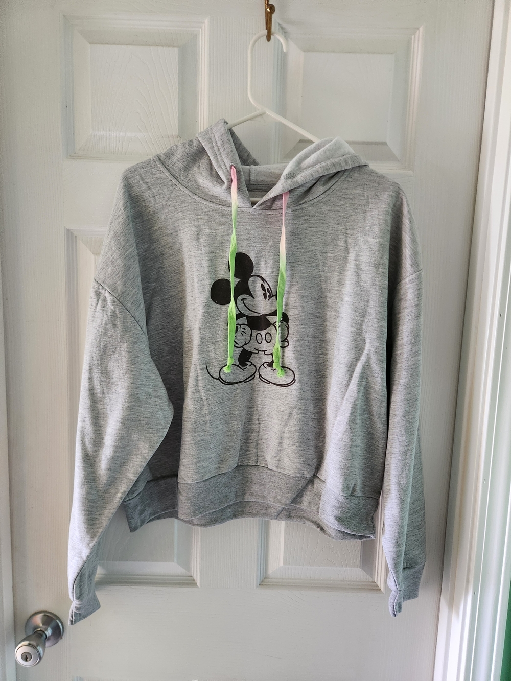 Disney Gray Mickey Mouse Graphic Hoodie Sweater with Neon Drawstrings